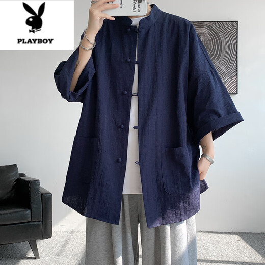 
Playboy (PLAYBOY) Chinese style Tang suit men's sling shirt summer Hanfu new Chinese men's large-size Taoist robe jacket black [seven-quarter sleeves] + navy blue linen pants 8XL (275 to 300 Jin [Jin equals 0.5 kg] can be worn)