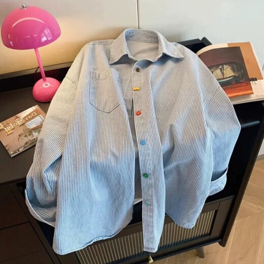 Xinnan blue striped long-sleeved shirt women's spring and autumn tops 2026 new loose design retro contrasting color coat shirt M size recommended 100-115 Jin Jin equals 0.5 kg