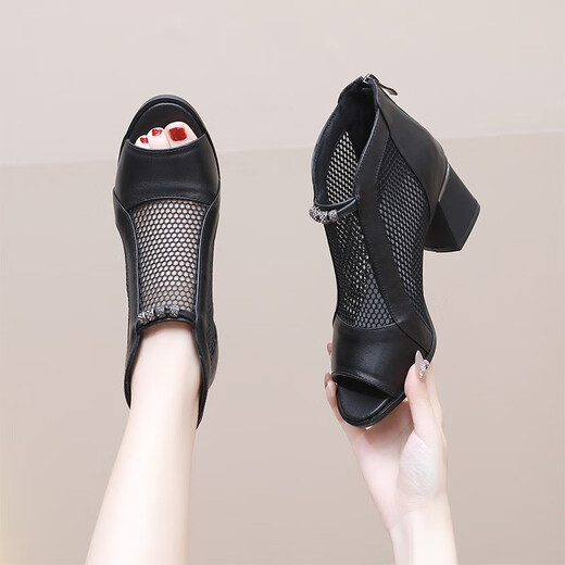 2025 Sommer neuer Stil Fischschuhe für Frauen dicke Fersennetzschuhe echte Leder-Leder-Diamantstiefel Frauen High Heel Sandalen Sommer schwarz innen und außerhalb des echten Leders 34