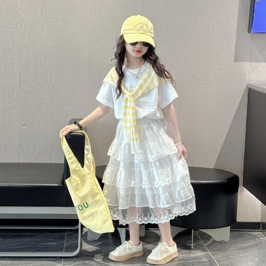 Mokitoul Girls Suit à manches courtes Summer 2025 Nouvelle fille à la mode Big Child's Jirt Children's Summer Jirt Twipt Blue T (emballage de boîte à cadeau haut de gamme) 40 cm2 1
