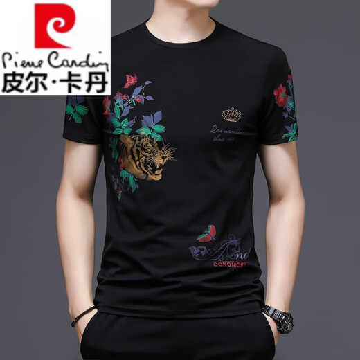 皮尔卡丹（pierre cardin）高端中国风老虎头潮流男士短袖T恤时尚印花大码男打底衫半袖宽松 829黑色字母 M 建议100-115斤内
