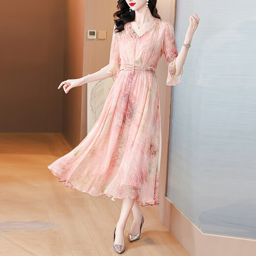 OLJ High-End-Marke Kleid für Frauen 2025 Sommer Neues Blumenchiffon High-End-Temperament schlanker Pendlerrock Rosa 2xl 125-135jin [Jin gleich 0,5 kg]