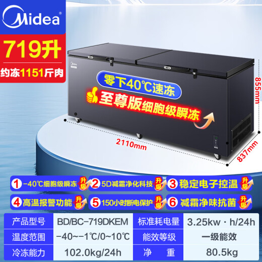 美的（Midea）300升以上冰柜家用小型冷冻柜大容量冰柜商用-40度大型深冷速冻柜单温卧式茶叶冷藏柜冷柜 719升 25年旗舰品 升级净味减霜