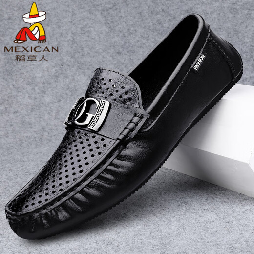 稻草人（MEXICAN）2025鳄鱼纹男鞋春秋新款豆豆鞋真皮男软皮软底一脚蹬懒人休闲皮鞋 黑色9901镂空透气 38