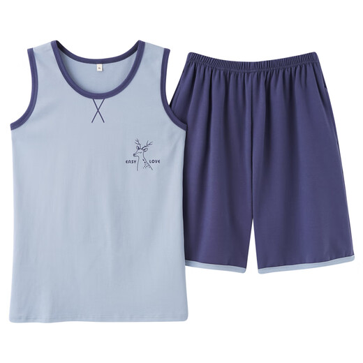 
Yalu 2025 new trendy couple pajamas summer cotton vest sleeveless suit men and women can wear summer home clothes 1283 blue dolphin vest QXX L men--