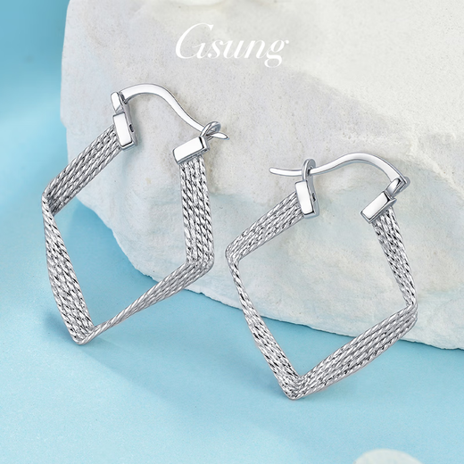 GsunG platinum rhombus earrings for women, new PT950 fashionable pure platinum square earrings as a Chinese Valentine's Day gift for my wife. Rhombus earrings, about 5.3 grams, 2.4 cm inner diameter, pre-ordered