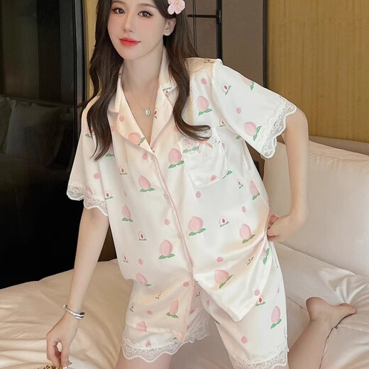 Victorias Stilseide Pyjamas für Frauen im Sommer dünne süße Spitze Pfirsich kurzärmelige Hose dreiteilige Set für den Außenkleidung. Peach [kurzärmelige + Hosen] 9905 m [Empfohlen 80-100Jin [Jin ist gleich 0,5 kg]]