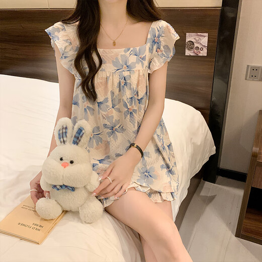 Modal Sweet Style Flower Hosender Pyjamas für Frauen im Sommer mit Brustpadel integriert Crepe Cotton 2025 Neue Mädchen Hauskleidung ME-4131-1-Breast Pad kleine fliegende Hülle Abdeckblaue Blume M 80-100jin [Jin gleich 0,5 kg]