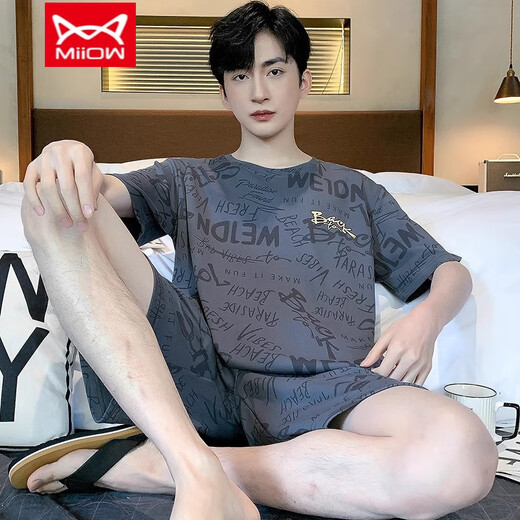 猫人（MiiOW）睡衣男款夏季纯棉新款青少年夏天短袖短裤男士家居服外穿套装 HD9928 L 【适合100-120斤】