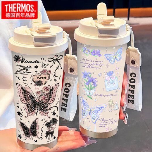 Thermos Simple Butterfly Thermos (Thermos) en acier inoxydable Portable Double boire du café 2025 Nouvelle tasse d'eau de paille féminine BW1049 Rose foncé papillon A + avec longe