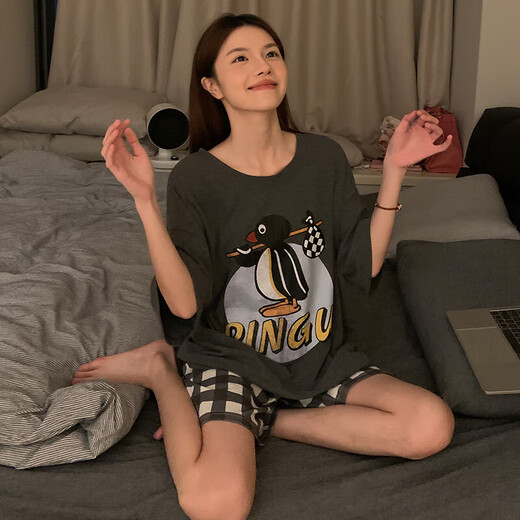 莫代尔睡衣女双面可穿夏季新款V领+圆领短袖短裤可爱家居服套装 9902w#大小企鹅 XL