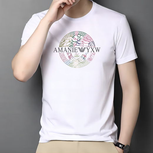 阿玛尼夏季莫代尔冰丝棉短袖T恤男大码青年男士半袖体恤 AM719短袖白色 莫代尔 M 建议90-120斤