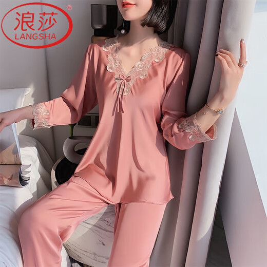 浪莎（LangSha）桑蚕丝绸冰凉睡衣女两件套2025年家居服套装春夏薄款妈妈睡衣 长袖9856中粉套 M 【70-100斤】