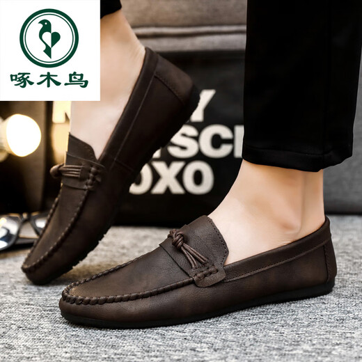 啄木鸟2025夏秋季新款豆豆鞋软皮男士休闲皮鞋青年韩版潮流一脚蹬懒人鞋 YL-D826棕色 39