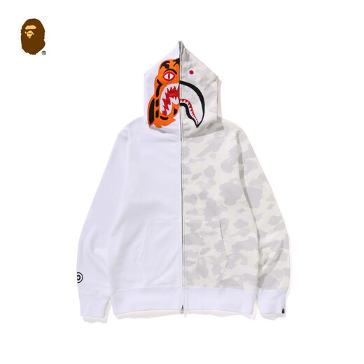 BAPE Men's 25th Autumn and Winter Luminous Camouflage Spliced Tiger Shark Hooded Sweatshirt Jacket Cardigan 009151P White WHX M One Size
