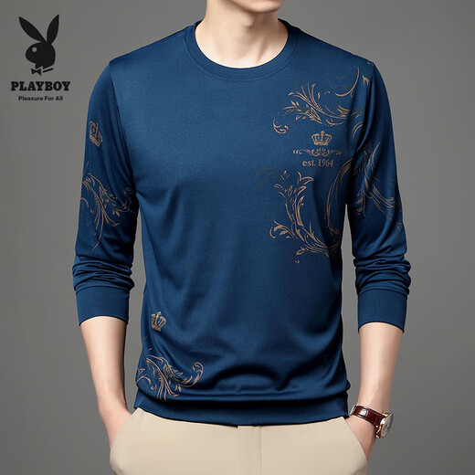 花花公子（PLAYBOY）中青年男士夏季冰丝长袖t恤薄款圆领2025新款中年男打底衫体恤潮 B6627上青 M 165/105/48100-120斤
