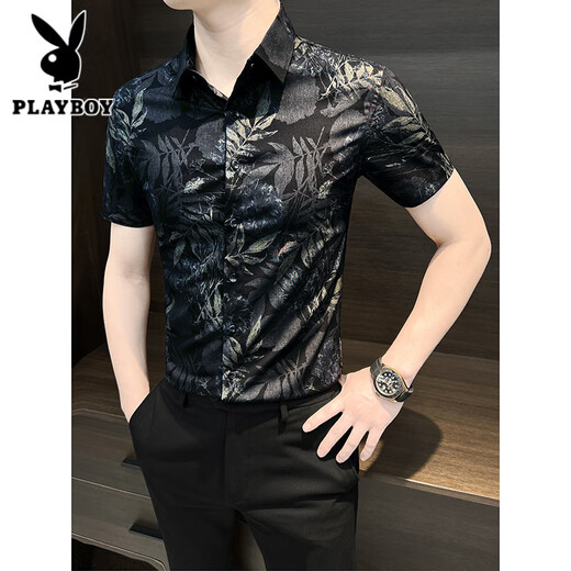 花花公子（PLAYBOY）男士花衬衫短袖夏季男装2025新款夏装冰丝痞帅修身印花碎花衬衣男 蓝色 9885 L 【建议125斤以内】
