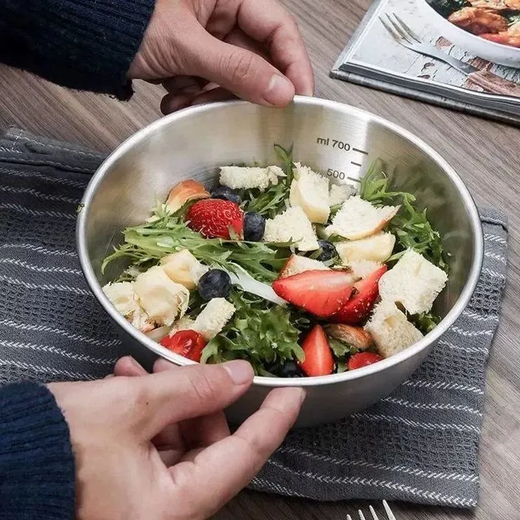 Gang Xingfa 316L stainless steel cooking basin bowl with scale for beating eggs and noodle salad cold fruit baking household bowl cold noodle bowl 22cm silver stainless steel scale salad bowl