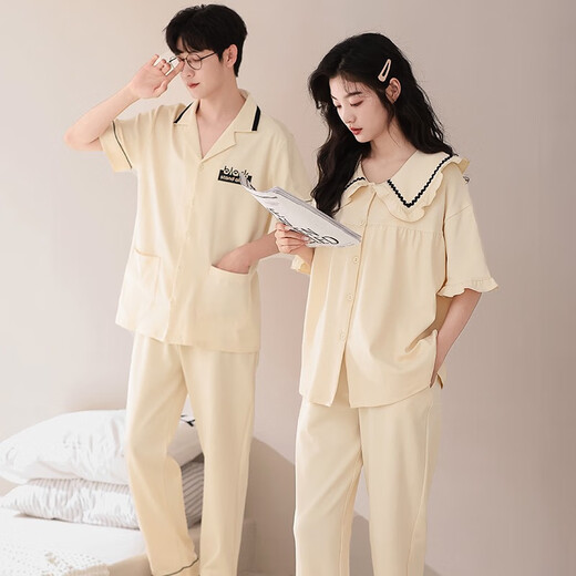 Ximengfen 2 sets of couples pajamas short-sleeved trousers casual simple summer thin cotton home clothes men and women cardigan suit ctwm6227 lycra cotton couples pajamas M women's size + men's L size