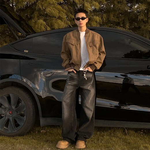 Shelley Jones Maillard short work jacket men's spring and autumn washed trendy brand baseball uniform American retro Harrington jacket brown XL recommended 120-140Jin Jin equals 0.5 kg