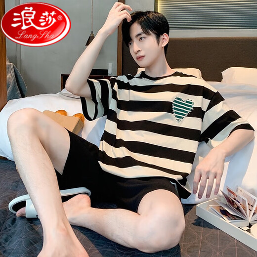 浪莎纯棉睡衣男士夏季短袖青少年薄款全夏天大码宽松家居服套装 D1990(A679) L (建议115-135斤)
