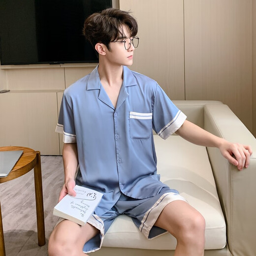 莫代尔高端新款男式睡衣夏季短袖短裤冰丝薄款凉感家居服大码套装夏天男 3899浅灰色 XL (体重141到160)
