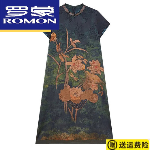 罗蒙（ROMON）高档国风真丝连衣裙女夏季日常可穿改良旗袍桑蚕丝妈妈长裙 绿色 9761 M 95-105斤