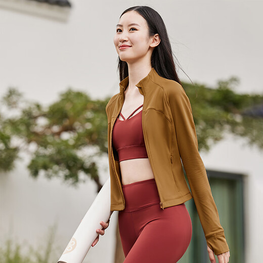凡圣瑜伽长袖专业运动健身跑步瑜伽服修身显瘦短款运动瑜伽外套女FC12858 檀棕黄 M
