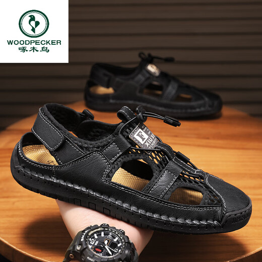 Woodpecker 2025 Summer Genuine Leather Men's Baotou Two-Purpose Soft Soled Sandals for Driving, Beach Business, High-End Casual Sandals M9855 Black Waterproof and Anti-Slip 38