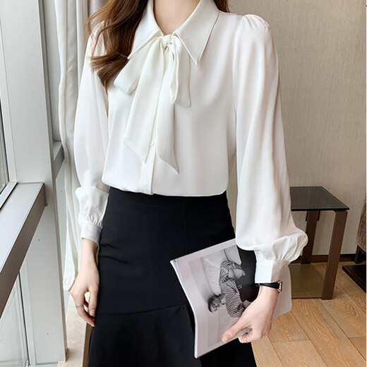 Bo Naling shirt white long sleeve chiffon bow women's professional wear formal white inner top interview suit shirt white bow shirt long sleeve M size