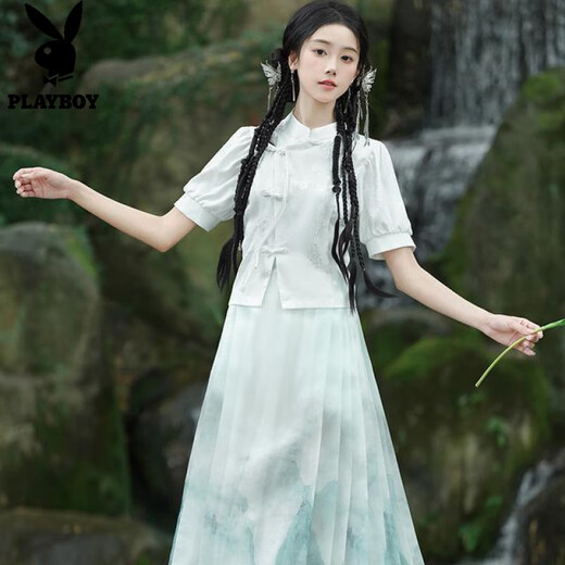 
Playboy; PLAYBOY new Chinese jacquard retro stand collar button Chinese style short-sleeved top one-piece national trend printed horse-face skirt suit for women 2375 white + 2396 green + 12187 white M