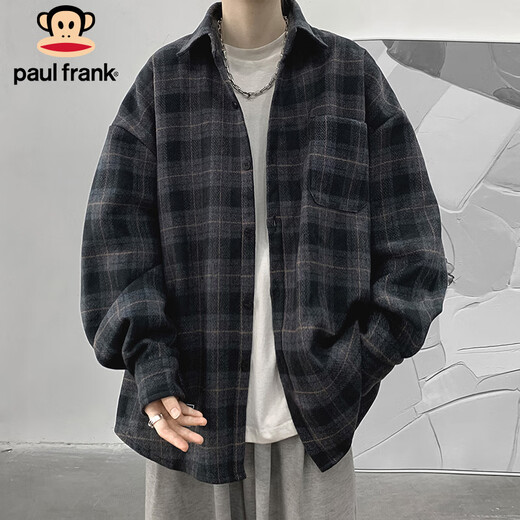 大嘴猴（paul frank）长袖衬衫男士春秋季日系休闲格子衬衣男潮牌外套男装 深灰色 2XL