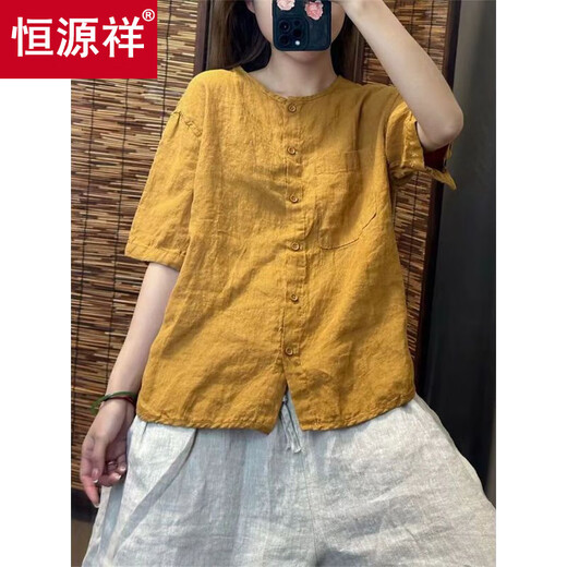 恒源祥时尚棉麻短袖圆领衬衫女夏季新款复古文艺宽松百搭减龄开衫上衣服 卡其色（好面料） M 建议100斤内