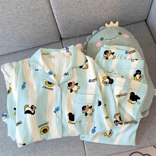 少女风企鹅睡衣女春季新款长袖两件套皱皱布小清新家居服批发 套KK3524 M 【建议80-100斤】