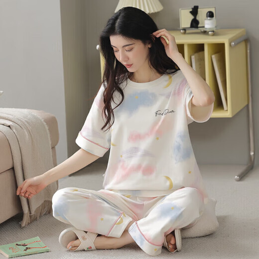 Hongdou (Hodo) Pajamas de verano para mujeres Puertos del algodón puro Pantalones delgados de manga corta Estudiante Lindo traje de estilo coreano Spring y otoño Loose Hogar Y9712 m (recomendado 75-95Jin [Jin iguala 0.5 kg])