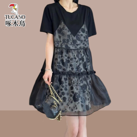 Woodpecker fake two-piece splicing slim dress with small temperament thin style short skirt for belly protection in summer new style black M (recommended to be less than 100 Jin [Jin equals 0.5 kg])