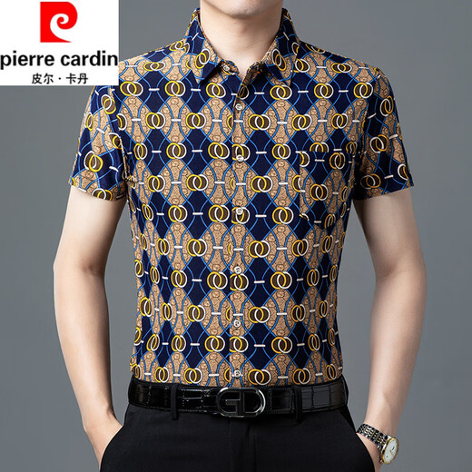皮尔卡丹（pierre cardin）夏季新款冰丝短袖花衬衫男高级感免烫抗皱休闲印花衬衣中年爸爸装 9898黑色 4XL 190【195-210斤】