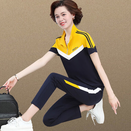 迪芙熙中年妈妈夏装两件套2025新款短袖T恤中老年夏天休闲运动服套装 6630宝蓝 (上衣+长裤) M 【建议98斤以下b