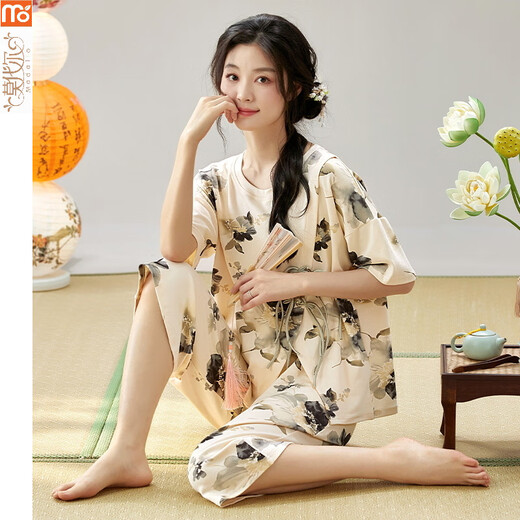 Modal Pyjamas für Frauen im Sommer 2025 Neue chinesische Kurzärmer-Anzug chinesische Stil-Kumpelhose können außen mit dünnem Stil Casual Y9902 m getragen werden (empfohlen 75-95jin [Jin entspricht 0,5 kg])