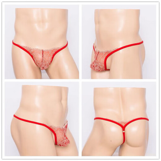 THONG Men's Sexy para hombres para hombres U Bag CONVEX CON LACE PERSPECTIVO PERSPECTIVO DE MEDILLA MENOR MENA BLURCA NEGRA + RED [DOS PIEZAS]