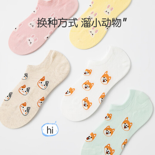 阪织屋【线下同款】袜子女夏季小动物女士夏季网眼透气短筒袜 五双装