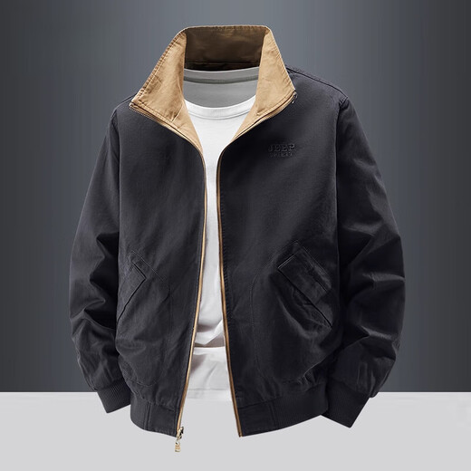 JEEP SPIRIT Jeep Reversible Jacket Men's Autumn and Winter Multi-Pocket Stand Collar Jacket Pure Cotton Work Jacket Men's Spring and Autumn Army Green Reverse Black Blue XL Recommended Weight 130-150 Jin Jin is equal to 0.5 kg
