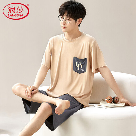 浪莎（LangSha）莫代尔睡衣男夏短袖长裤薄款棉绸家居服男款夏天加肥大码冰丝套装 6624 L