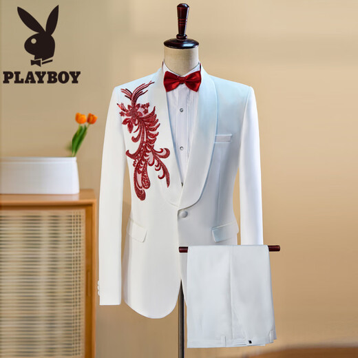 Playboy (PLAYBOY) White Embroidered Suit Singer Performance Suit Male Emcee Host Men's Chorus Dress Men's Suit Suit White Suit Jacket + Pants + Waistband + Bow Tie L Height 175 Weight 145 Jin Jin is equal to about 0.5 kg
