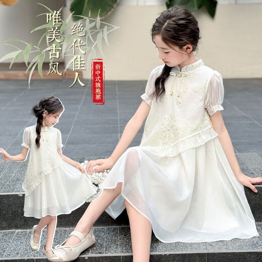 Nuevo estilo de vestido chino para niñas para niñas de moda y de moda Summer Nuevo chino Sweet Children's Vestido Off White 170