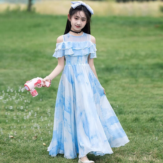 Mädchenkleid Sommer 2025 Neues modisches und dünnes Prinzessin Kleid Mädchen mittelgroßer Kinder Chiffon Long Kleid 101 Blau [Perle Stirnband senden + Schlüsselbeutelkette] 140 [Vorgeschlagen 46-55 Jin [Jin gleich 0,5 kg]]]