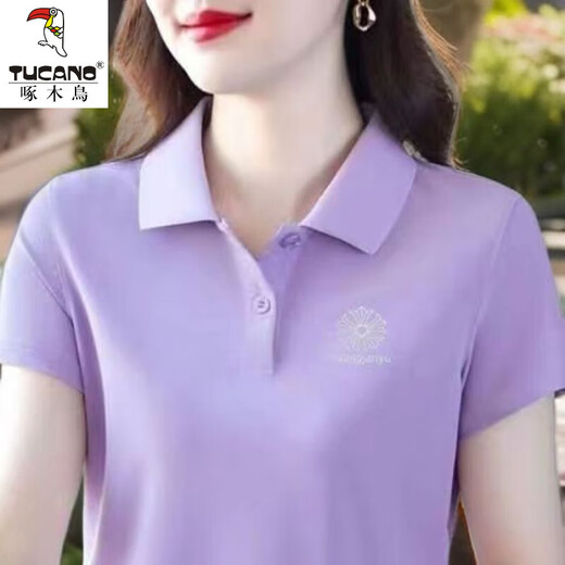 啄木鸟休闲polo衫短袖T恤女夏季新款中年妈妈装宽松大尺码显瘦翻领上衣 YC-6629酒红色 M 【建议85-100斤】