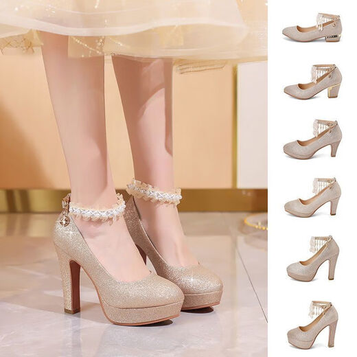 Yalso children's high-heeled shoes 10-15 years old performance girls' leather shoes high-heeled crystal single shoes girls golden model catwalk gold pearl/12cm thick heel 34