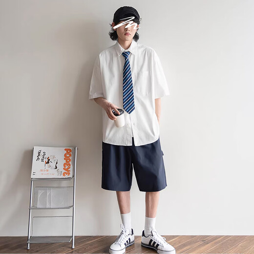 Homlean Japanese solid color short-sleeved shirt T-shirt men's spring and summer loose casual and versatile breathable clothes LS01 white XL
