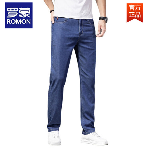 罗蒙（ROMON）冰丝莱赛尔高端男士牛仔裤夏季薄款直筒宽松长裤弹力休闲裤子 FXX 9767中蓝色 40